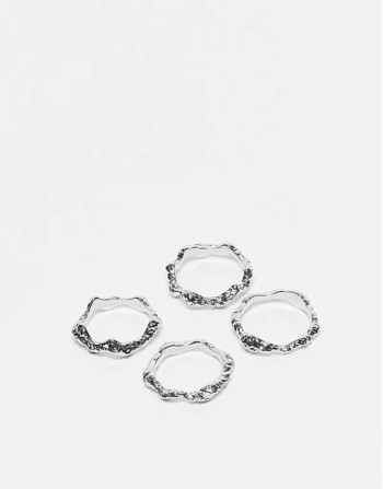 pack of 4 stacking rings in hammered design in silver tone