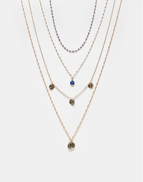 pack of 4 necklaces with disc and eye charm detail in gold tone